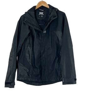 Helly Hansen | Black hooded zip front adjustable waist rain jacket size …